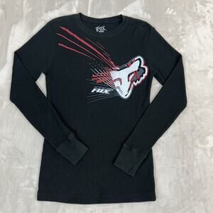 Y2K Fox Racing Shirt Womens Small Black Waffle Knit Thermal Fitted Moto Biker